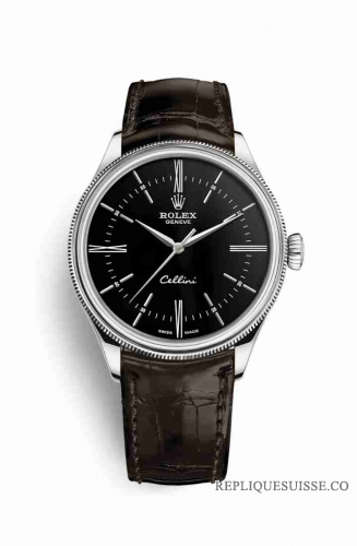 Copie Montre Rolex Cellini Time or blanc 18 carats 50509 Black Cadran m50509-0022