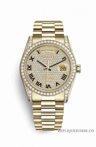 Copie Montre Rolex Day-Date 36 Cosses en or jaune 18 carats serties de diamants 118388 Cadran pave de diamants m118388-0043