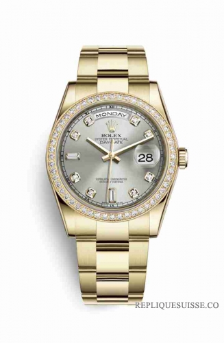 Copie Montre Rolex Day-Date 36 Or jaune 18 ct 118348 Argent serti de diamants Cadran m118348-0077