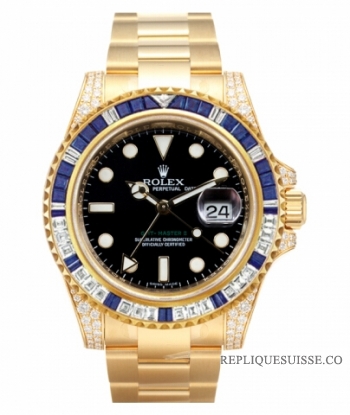 Réplique Rolex GMT Master II en or jaune Cadran Noir 116758 SA