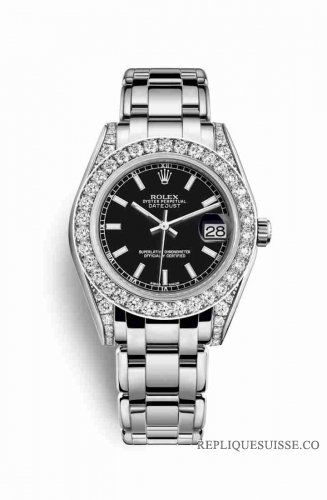Copie Montre Rolex Pearlmaster 34 18 ct en or blanc, cosses serties de diamants Black Cadran m81159-0053