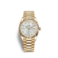 Rolex Day-Date 36 or jaune 18 ct M128238-0011 Nacre blanche sertie de diamants Cadran