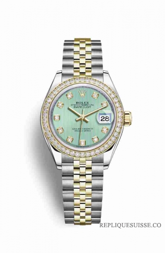 Copie Montre Rolex Datejust 28 Jaune Rolesor Oystersteel or jaune 18 ct RBR Mint vert ensemble diamants Cadran m279383rbr-0013