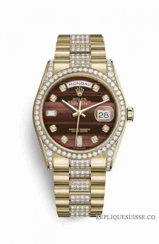 Copie Montre Rolex Day-Date 36 cerceaux en or jaune 18 carats serti de diamants 118388 Bulls oculaires en or serti Cadran m118388-0128