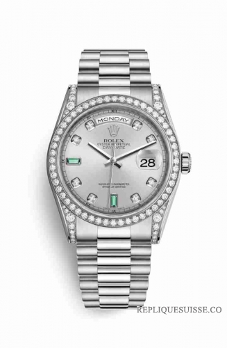 Copie Montre Rolex Day-Date 36 18 ct en or blanc, cosses serties de diamants 118389 Rhodium, sertie de diamants en emeraudes Cadran m118389-0078