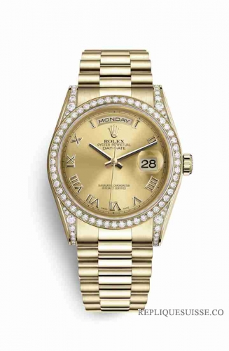 Copie Montre Rolex Day-Date 36 cosses en or jaune 18 carats serties de diamants 118388 Champagne-color Cadran m118388-0036