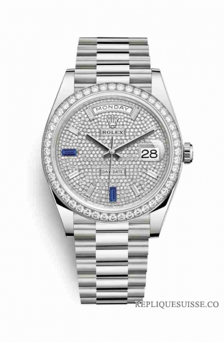 Copie Montre Rolex Day-Date 40 Or blanc 18 carats 228349RBR Pave de diamants saphirs Cadran m228349rbr-0036