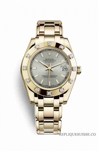 Copie Montre Rolex Pearlmaster 34 Or jaune 18 ct Argent Cadran m81318-0019