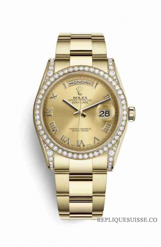 Copie Montre Rolex Day-Date 36 cosses en or jaune 18 carats serties de diamants 118388 Champagne-color Cadran m118388-0189