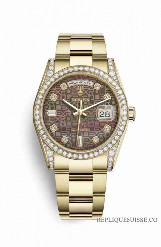 Copie Montre Rolex Day-Date 36 Or jaune 18 ct jeu de cosses diamants 118388 Nacre noire Design Jubile diamant ensemble Cadran m118388-0193