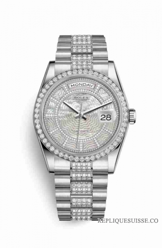 Copie Montre Rolex Day-Date 36 Platinum 118346 Carrousel de nacre blanche Cadran m118346-0091