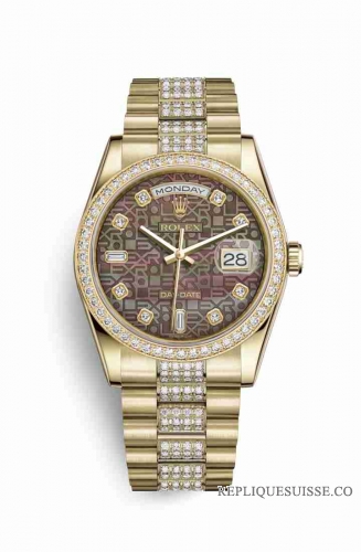 Copie Montre Rolex Day-Date 36 Or jaune 18 ct 118348 Nacre noire Jubile design serti de diamants Cadran m118348-0066