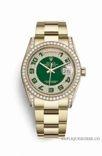 Copie Montre Rolex Day-Date 36 Or jaune 18 ct ensemble de cosses 118388 Diamant vert pave Cadran m118388-0121