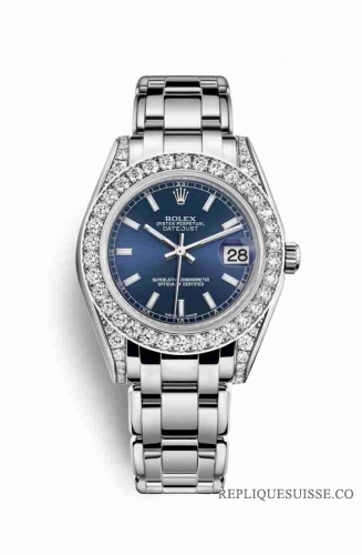 Copie Montre Rolex Pearlmaster 34 18 ct or blanc serti ensemble de diamants Cadran bleu m81159-0052