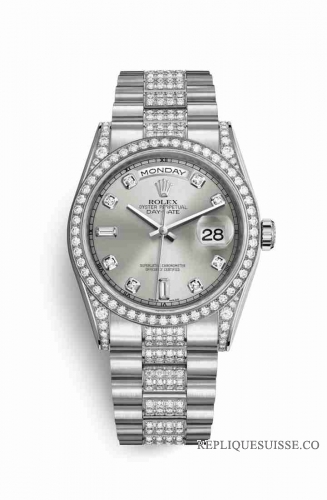 Copie Montre Rolex Day-Date 36 18 ct en or blanc, cosses serties de diamants 118389 Silver, sertie de diamants Cadran m118389-0029