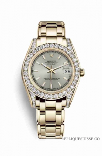 Copie Montre Rolex Pearlmaster 34 18 ct or jaune cosses serties de diamants Argent Cadran m81158-0044