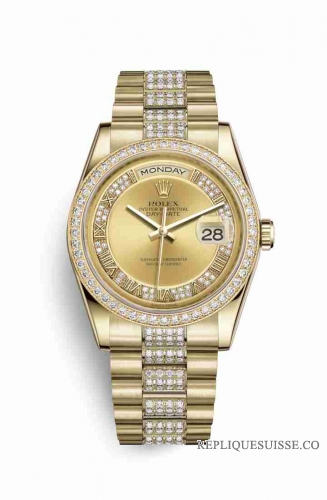 Copie Montre Rolex Day-Date 36 Or jaune 18 ct 118348 Champagne-diamants Diamant cadran m118348-0132