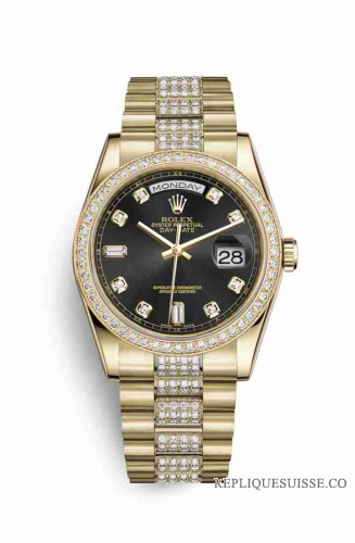 Copie Montre Rolex Day-Date 36 Or jaune 18 ct 118348 Noir serti de diamants Cadran m118348-0014
