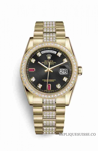 Copie Montre Rolex Day-Date 36 Or jaune 18 ct 118348 Diamants noirs sertie de rubis Cadran m118348-0149
