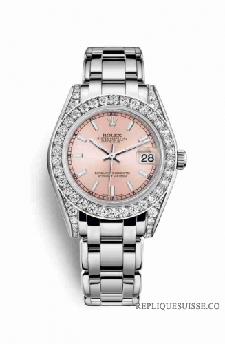 Copie Montre Rolex Pearlmaster 34 18 ct en or blanc serti de diamants rose cadran m81159-0054