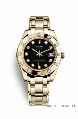 Copie Montre Rolex Pearlmaster 34 Or jaune 18 ct Diamants noirs sertie Cadran m81318-0030