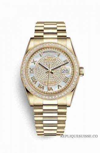 Copie Montre Rolex Day-Date 36 Or jaune 18 ct 118348 Diamant nacre blanche pavee Cadran m118348-0040