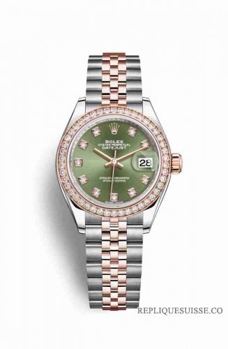 Copie Montre Rolex Datejust 28 Everose Roles ou Oystersteel 18 ct Everose or RBR Vert olive sertie de diamants Cadran m279381rbr-0007