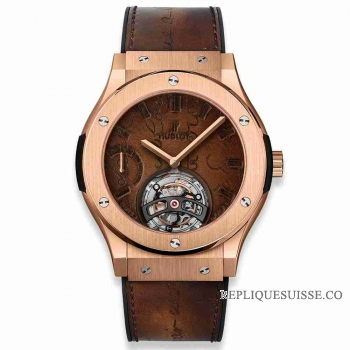 Copie Montre Reserve de puissance Hublot Classic Fusion Tourbillon 5 Jours Berluti Scritto King Gold 45mm 505.OX.0500.VR.BER17