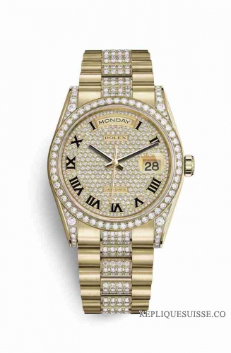Copie Montre Rolex Day-Date 36 Cosses en or jaune 18 carats serties de diamants 118388 Cadran pave de diamants m118388-0025