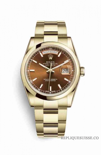 Copie Montre Rolex Day-Date 36 Or jaune 18 ct 118208 Cognac Cadran m118208-0343