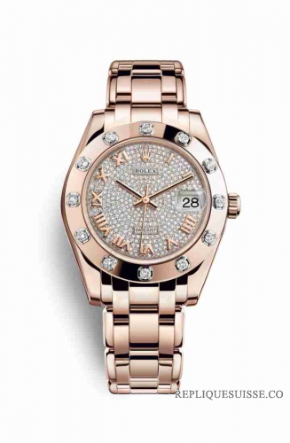 Copie Montre Rolex Pearlmaster 34 18 carats Everose or Cadran pave de diamants m81315-0024