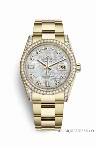 Copie Montre Rolex Day-Date 36 Or jaune 18 ct ensemble de cosses diamants 118388 Blanc nacre ensemble diamants Cadran m118388-0119