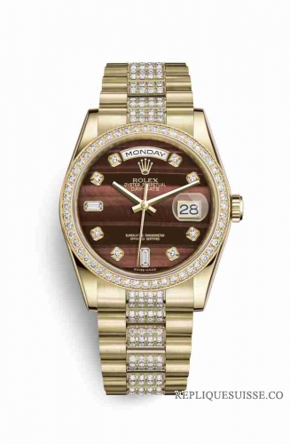 Copie Montre Rolex Day-Date 36 Or jaune 18 ct 118348 Oeil de taureau serti de diamants Cadran m118348-0155