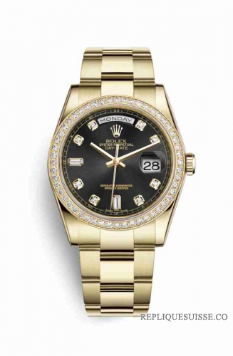 Copie Montre Rolex Day-Date 36 Or jaune 18 ct 118348 Diamants noirs serti Cadran m118348-0096