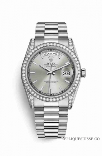 Copie Montre Rolex Day-Date 36 cosses en or blanc 18 carats serties de diamants 118389 cadran argente m118389-0058