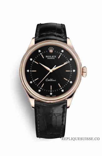 Copie Montre Rolex Cellini Time 18 ct Everose or 50505 Noir serti de diamants Cadran m50505-0026