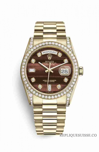 Copie Montre Rolex Day-Date 36 cerceaux en or jaune 18 carats serti de diamants 118388 Bulls oeil serti en diamants Cadran m118388-0129