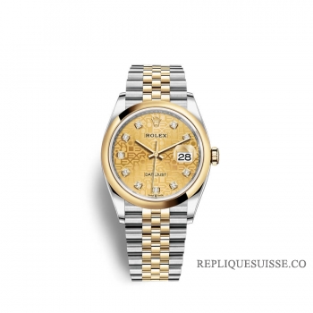 Rolex Datejust 36 Oystersteel or jaune 18 ct M126203-0033 couleur champagne sertie de diamants Cadran