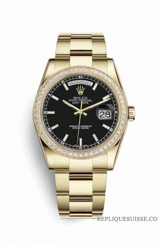 Copie Montre Rolex Day-Date 36 Or jaune 18 ct 118348 Cadran Noir m118348-0208