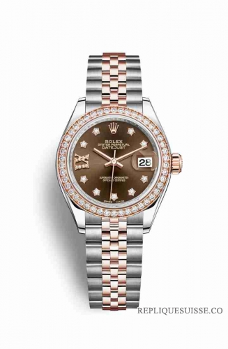 Copie Montre Rolex Datejust 28 Everose Roles ou Oystersteel 18 ct Everose or RBR Ensemble de chocolat diamants Cadran m279381rbr-0003