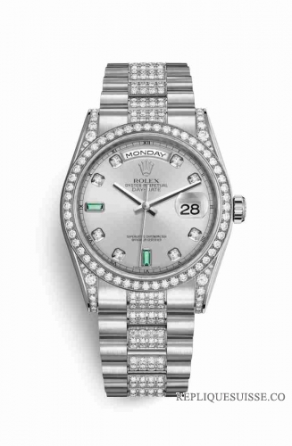 Copie Montre Rolex Day-Date 36 cerceaux en or blanc 18 carats serti de diamants 118389 Rhodium serti diamants en emeraude Cadran m118389-0079