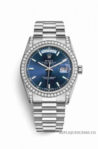 Copie Montre Rolex Day-Date 36 cosses en or blanc 18 carats serties de diamants 118389 Cadran bleu m118389-0108