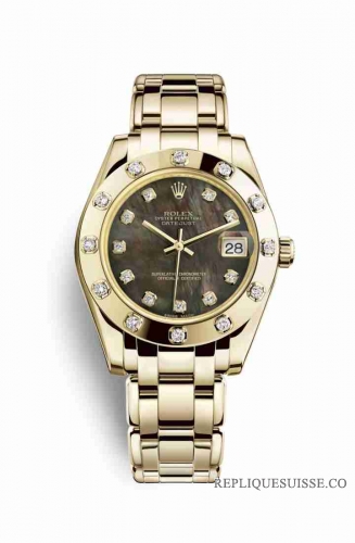 Copie Montre Rolex Pearlmaster 34 Or jaune 18 ct Nacre noire sertie de diamants Cadran m81318-0023