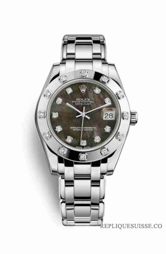 Copie Montre Rolex Pearlmaster 34 Or blanc 18 carats Nacre noire sertie de diamants Cadran m81319-0005