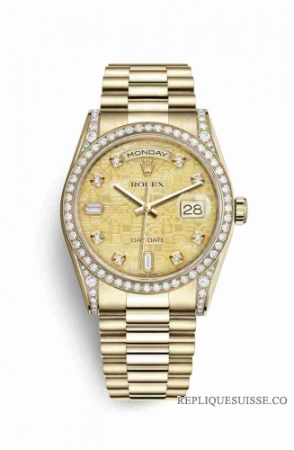 Copie Montre Rolex Day-Date 36 Or jaune 18 ct ensemble de cosses diamants 118388 Nacre Champagne-couleur nacre Jubile design ensemble Cadran m118388-0038