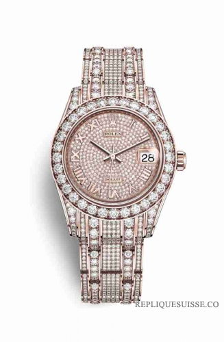 Copie Montre Rolex Pearlmaster 34 Or 18 carats Everose cosses serties de diamants RBR Cadran pave de diamants m81405rbr-0001