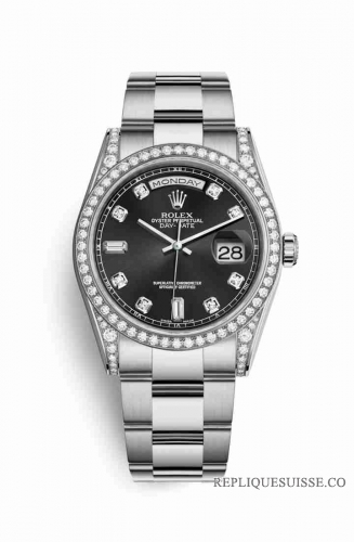 Copie Montre Rolex Day-Date 36 18 ct en or blanc, cosses serties de diamants 118389 Black, en sertie de diamants Cadran m118389-0027