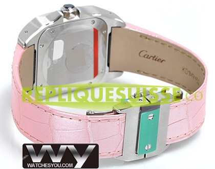 Cartier Santos 100 Pink cuir Midsize unisexe W20126X8 Montre Réplique - Cliquez sur l'image pour la fermer