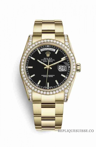 Copie Montre Rolex Day-Date 36 cosses en or jaune 18 carats serties de diamants 118388 Black Cadran m118388-0190