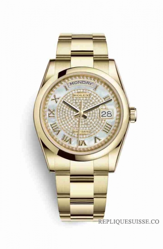 Copie Montre Rolex Day-Date 36 Or jaune 18 ct 118208 Diamant nacre blanche pavee Cadran m118208-0347